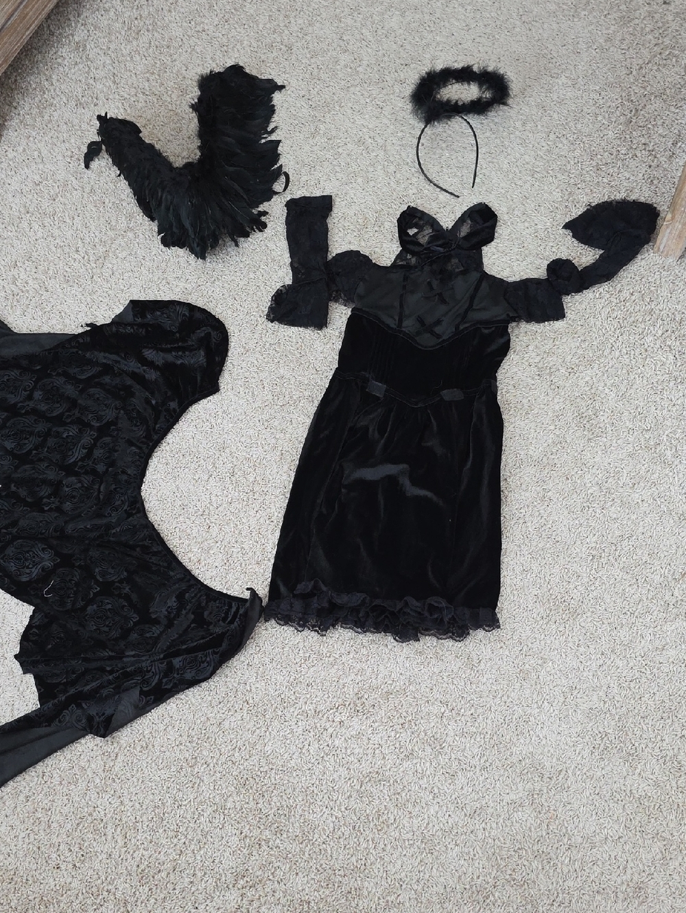 Black Velvet Gothic Angel Costume Dress with Feather Halo